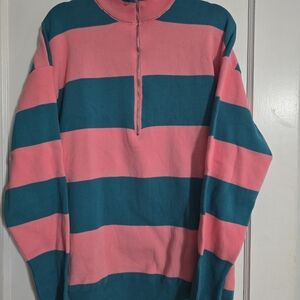Women's Pink and Teal Striped Quarter Zip Sweater